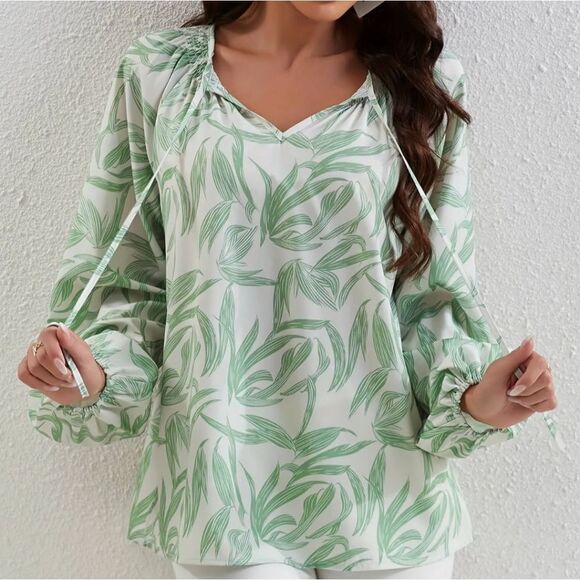 Like New Women's Size Large Long Sleeve Leaf Print Tie Neck Blouse - Picture 5 of 13
